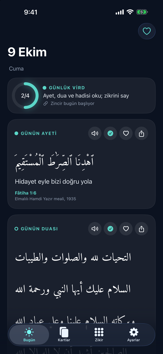 Virdim Bugün ekranı: günlük vird halkası, günün ayeti ve duası